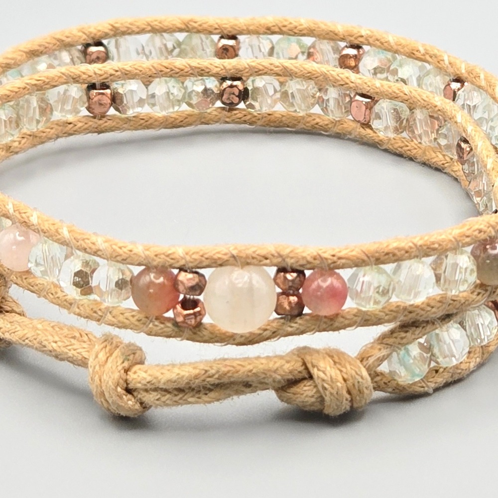 Boho Double Wrap Bracelet Glass Beads Pink Stone Tan Cord Wood Button Closure